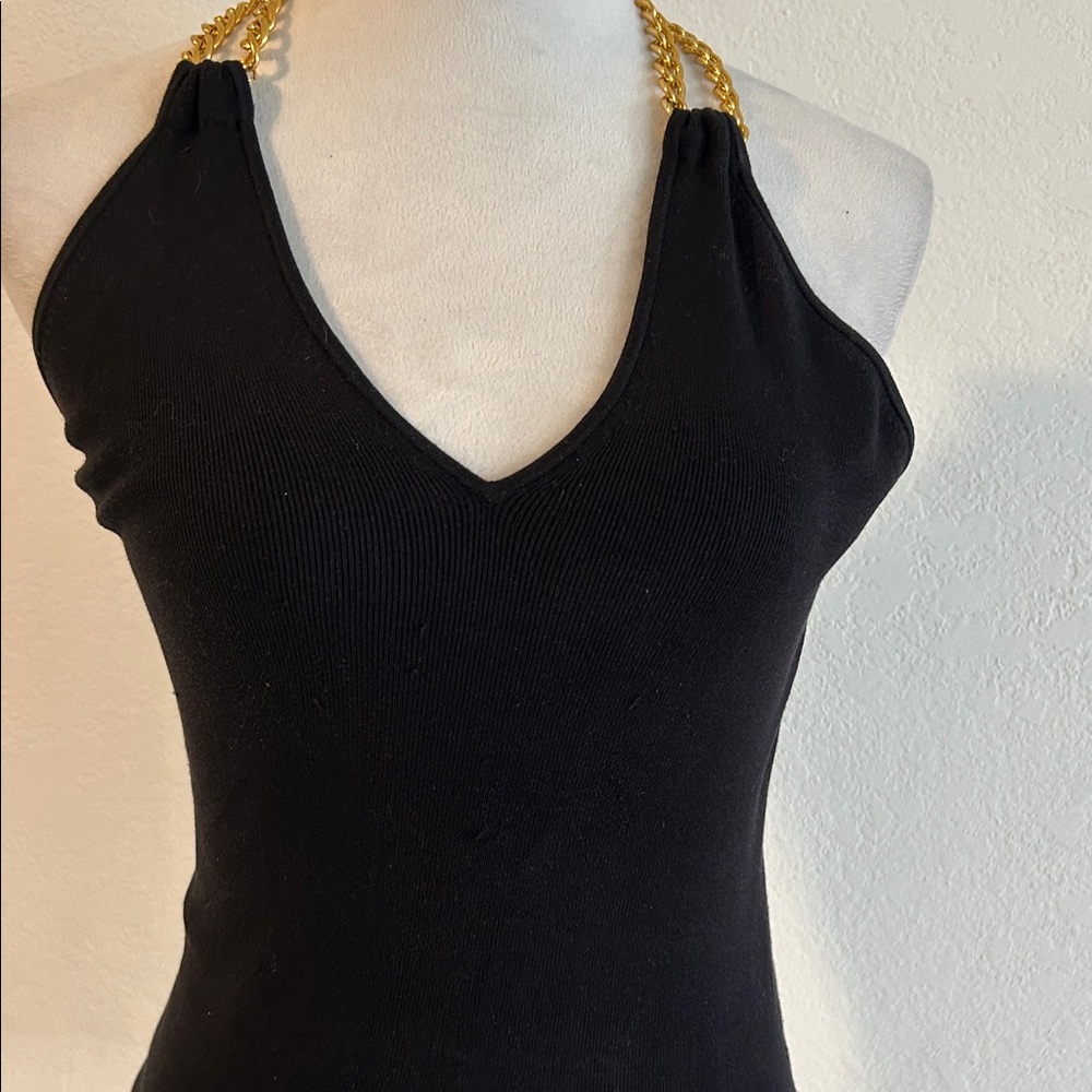 Inc international concept ,Elegant Black Halter Top with Gold Chain Straps